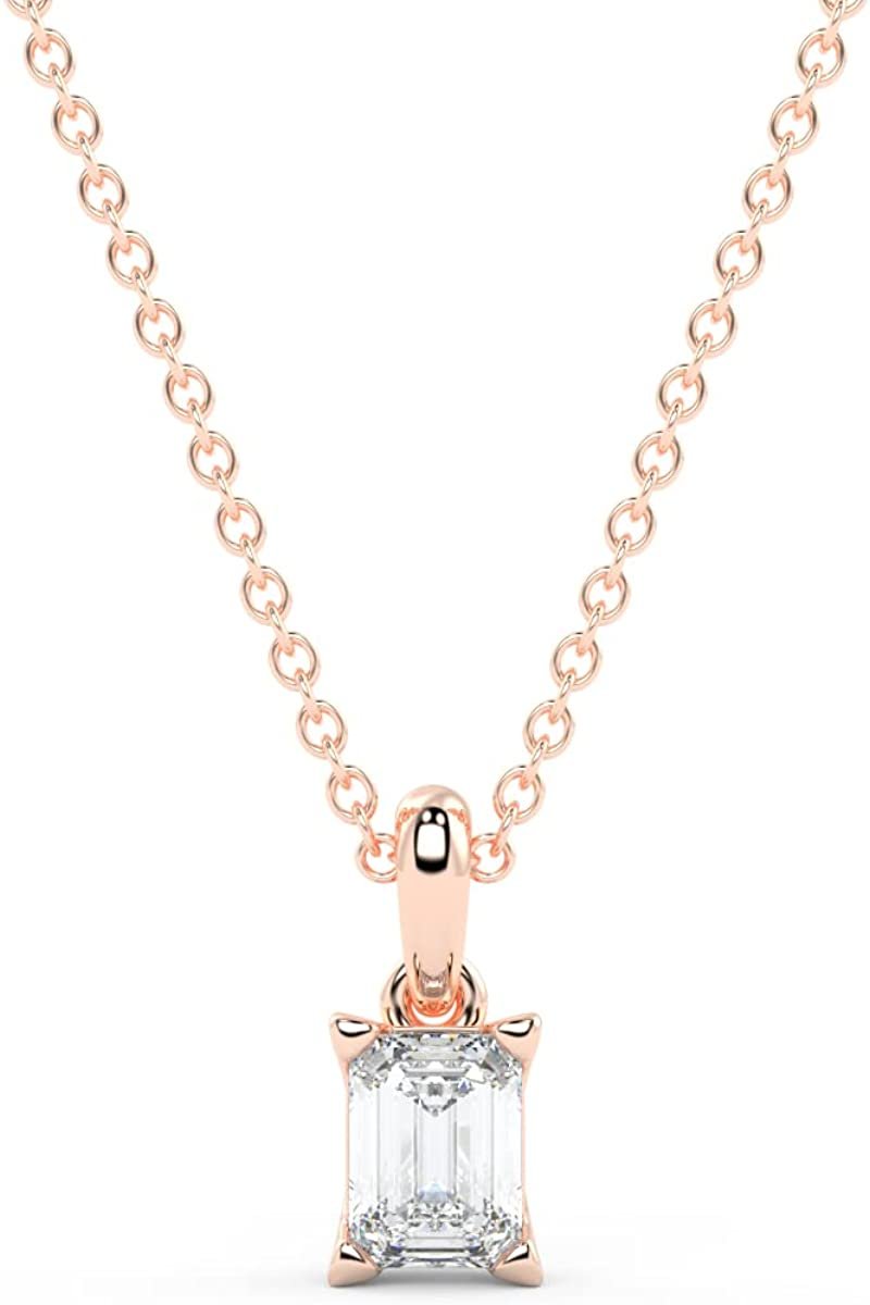 IGI Certified 1/4 Ct Emerald Cut Lab Grown Diamond 14K Gold Solitaire Pendant Necklace (G-H Color, VS1-VS2 Clarity) - 18” - Choice of Metal Color