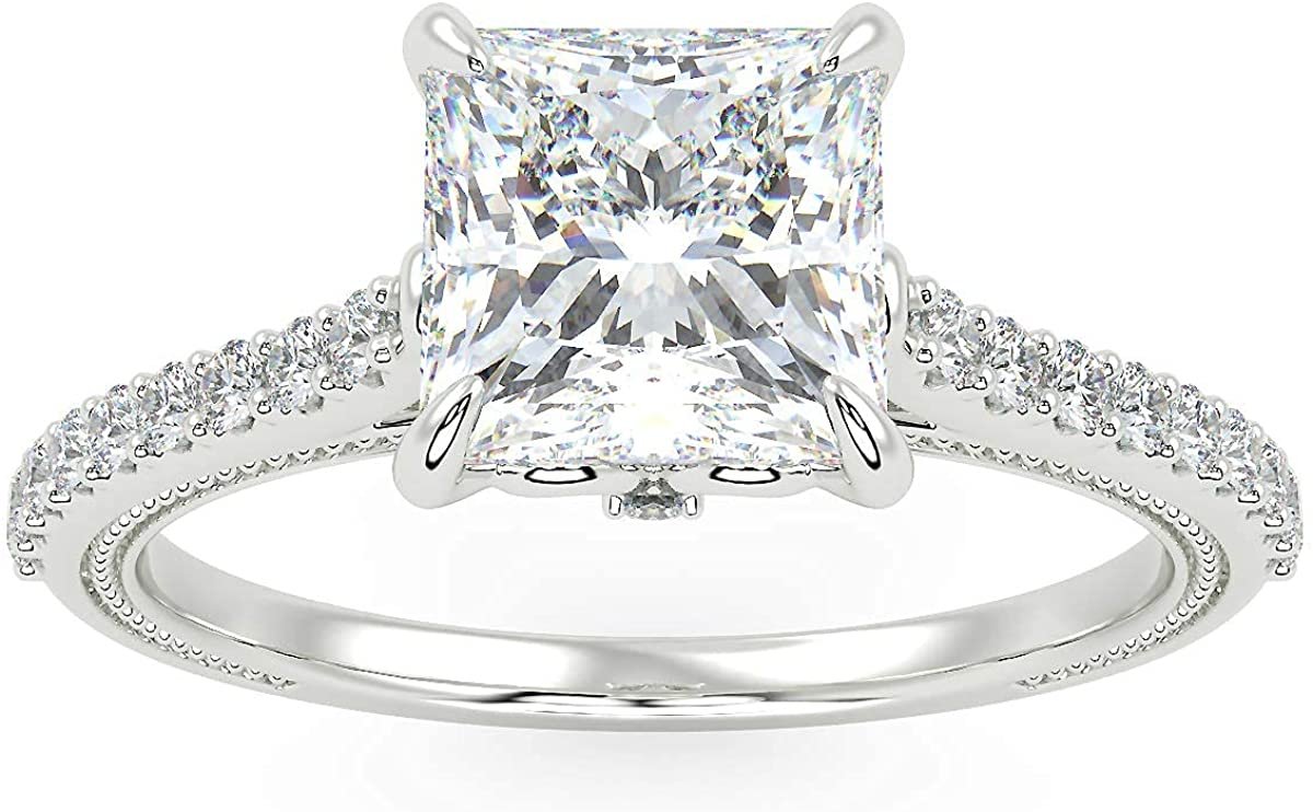 IGI Certified 14K White Gold 2-1/5 Cttw Princess-Cut Lab Created Diamond Square Solitaire Engagement Ring with Pavé Band (2.0 Carat Center Stone: G-H Color, VS1-VS2 Clarity) - Size 7