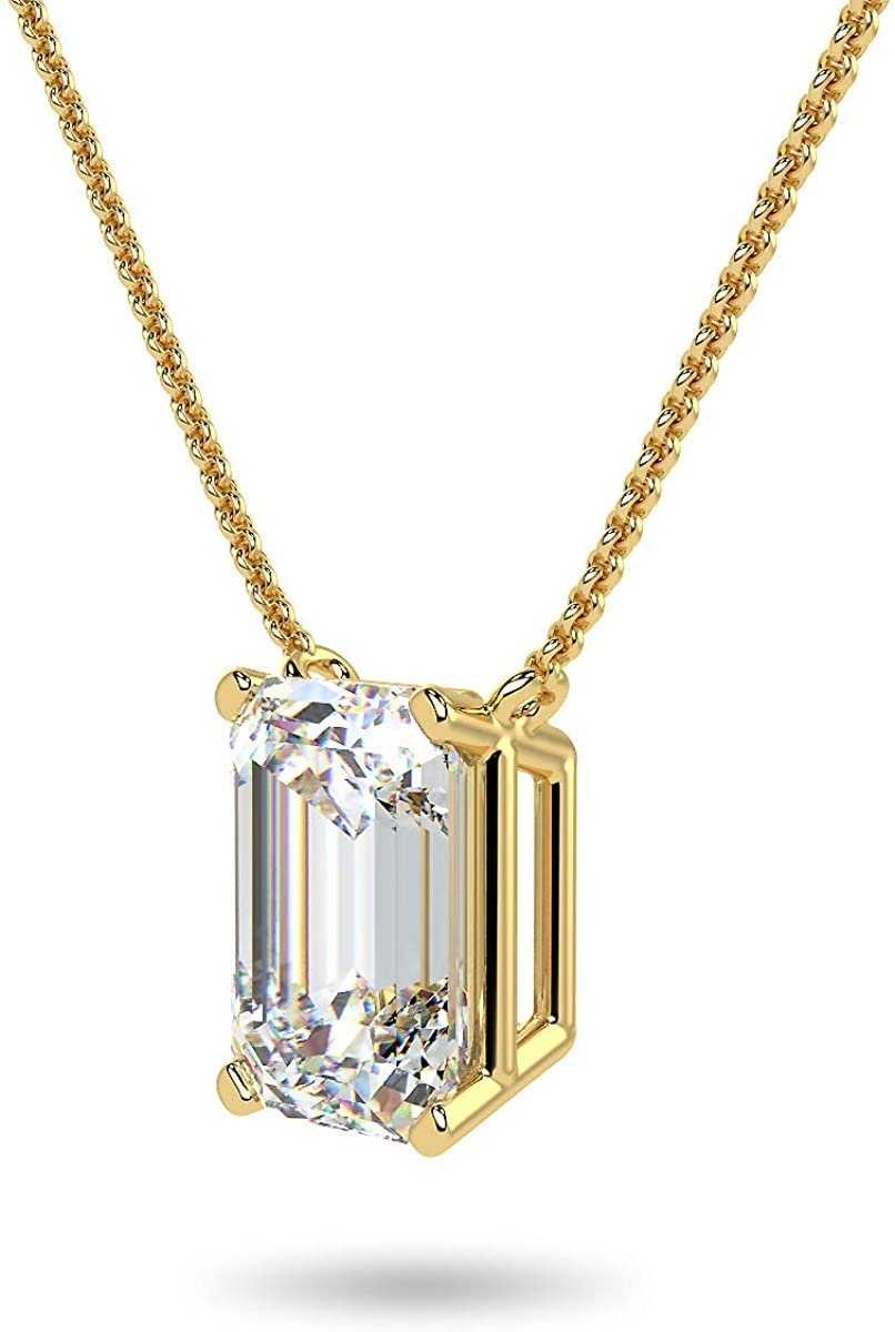 IGI Certified 14K Gold 1/3 to 1-1/2 Carat Rectangular Emerald-Cut Lab Grown Diamond Suspended Solitaire Pendant Necklace (G-H Color, VS1-VS2 Clarity), 18" - Choice of Gold Color, Weights