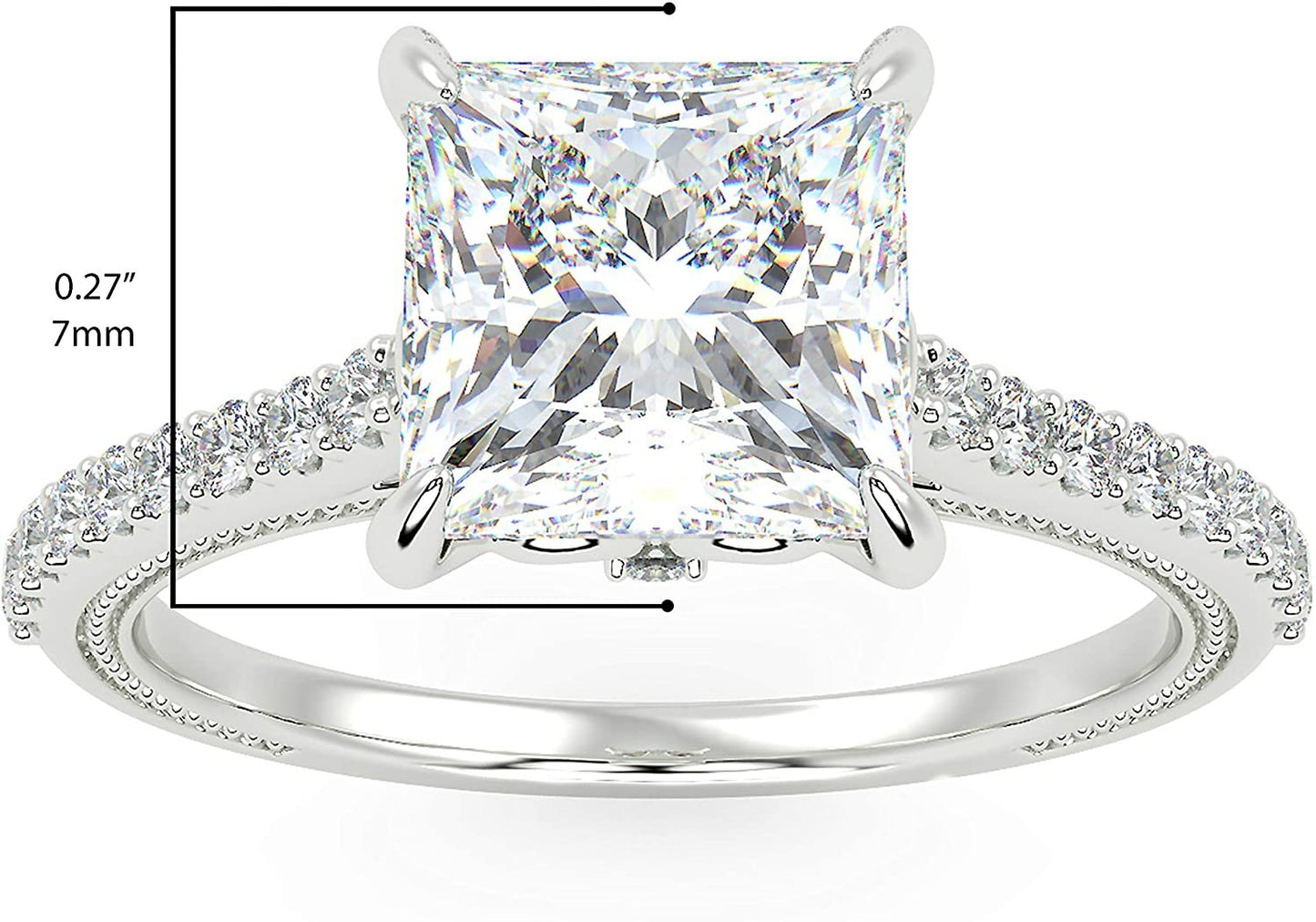 IGI Certified 14K White Gold 2-1/5 Cttw Princess-Cut Lab Created Diamond Square Solitaire Engagement Ring with Pavé Band (2.0 Carat Center Stone: G-H Color, VS1-VS2 Clarity) - Size 7