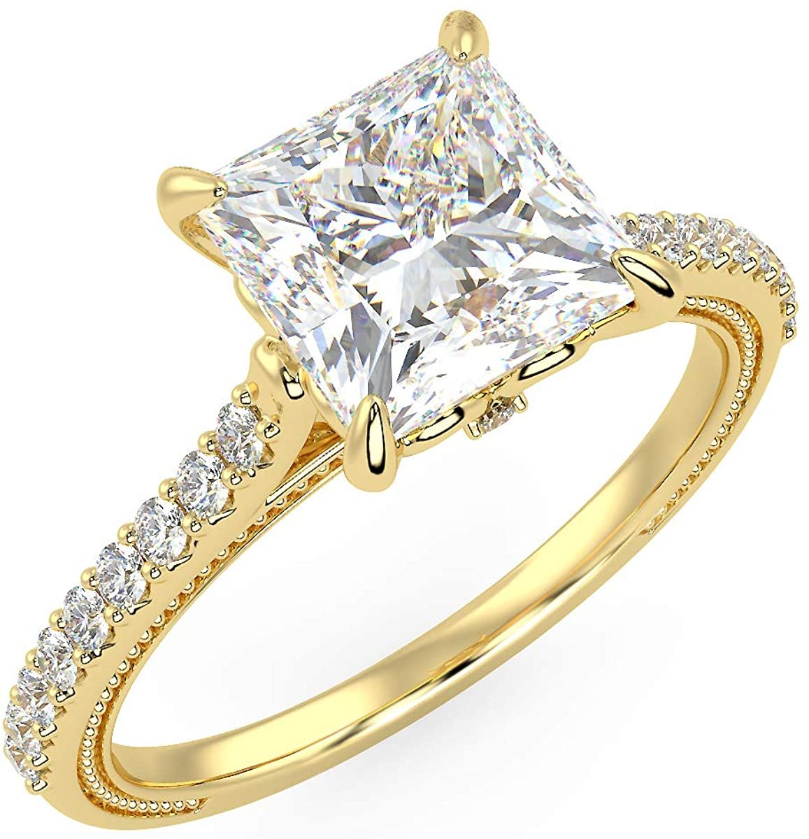 IGI Certified 14K Yellow Gold Princess-Cut Lab Created Diamond Engagement Ring with Pavé Band (1.5 or 2.0 Carat Center Stone: G-H Color, VS1-VS2 Clarity)