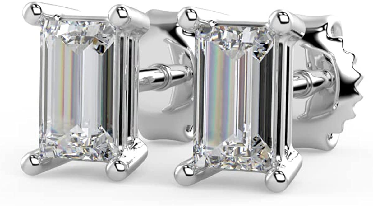 IGI Certified 1/2 Cttw Emerald Cut Lab Grown Diamond 14K Gold 4-Prong Pushback Stud Earrings (G-H Color, VS1-VS2 Clarity) - Choice of Gold Color
