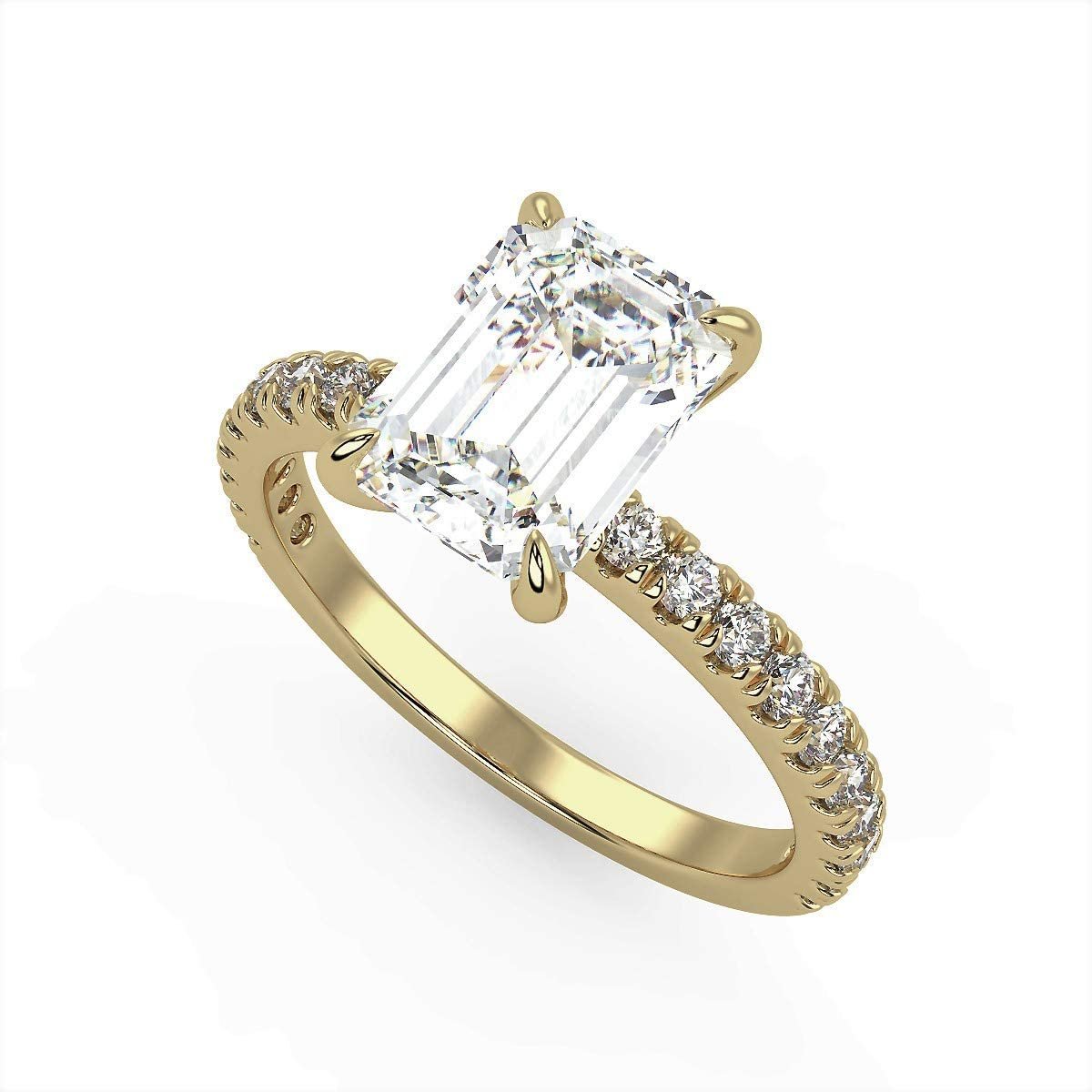 IGI Certified 14K Yellow Gold 1-1/4 Cttw Emerald-Cut Lab Created Diamond  Rectangle Solitaire Engagement Ring with Pavé Band (0.90 Carat Center  Stone: