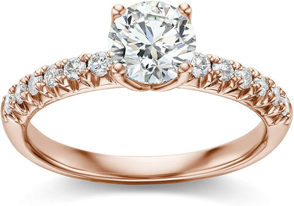 IGI Certified 14K Rose Gold 1.0+ Cttw Brilliant-Cut Lab Created Diamond Solitaire Engagement Ring with Pavé-Set Band (9/10 Carat Center: I-J Color, VS1-VS2 Clarity) - Size 6-1/4