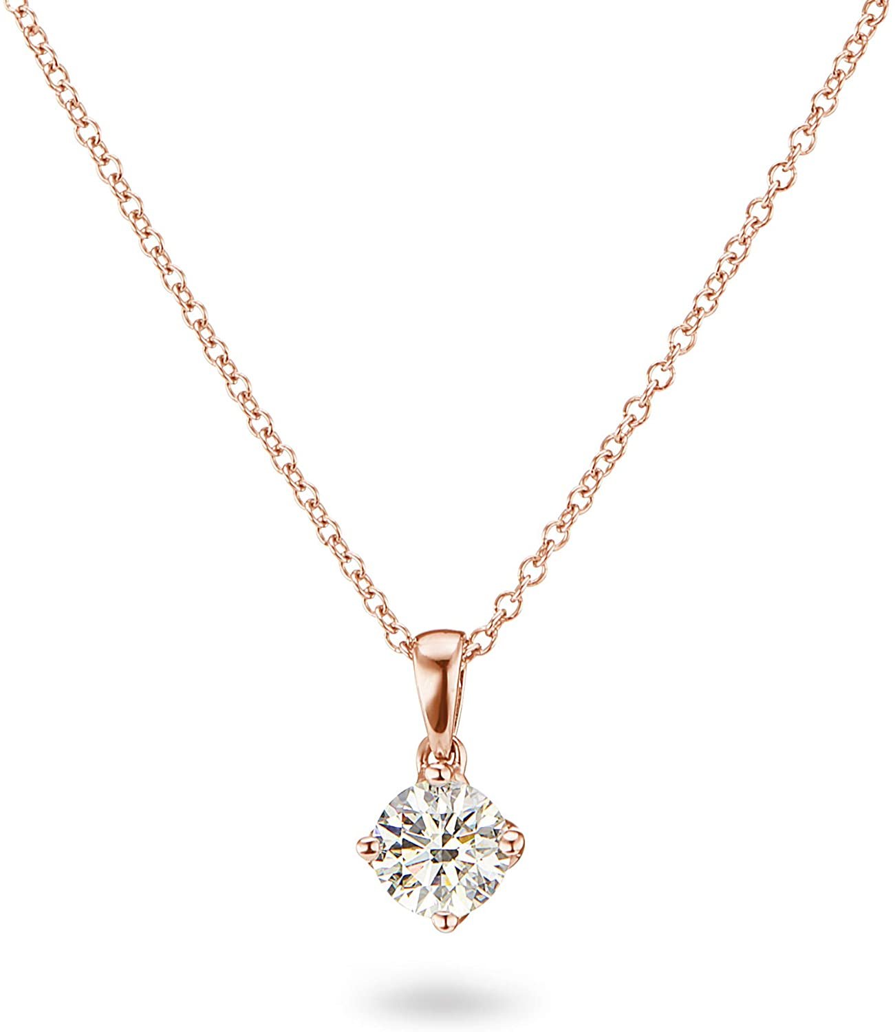 14K Gold 1/5 to 1/3 Carat Lab Grown Round-Cut Diamond Solitaire 4-Prong Pendant 16"-18" Necklace (G-H Color, VS1-VS2 Clarity) - Choice of Gold Color & Carat Weight
