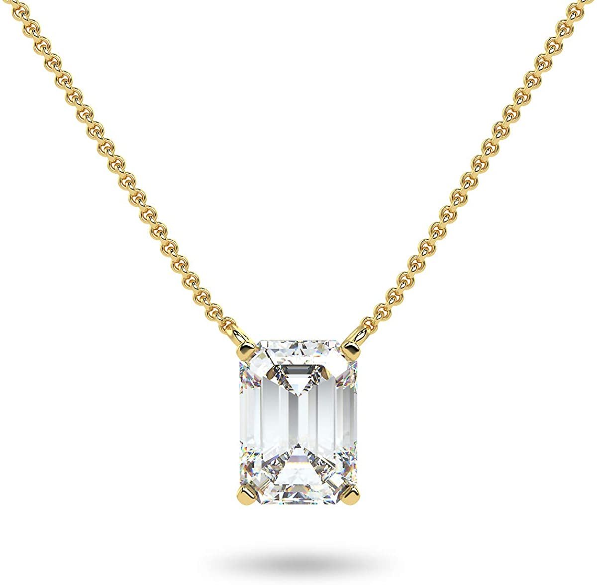 IGI Certified 14K Gold 1/3 to 1-1/2 Carat Rectangular Emerald-Cut Lab Grown Diamond Suspended Solitaire Pendant Necklace (G-H Color, VS1-VS2 Clarity), 18" - Choice of Gold Color, Weights