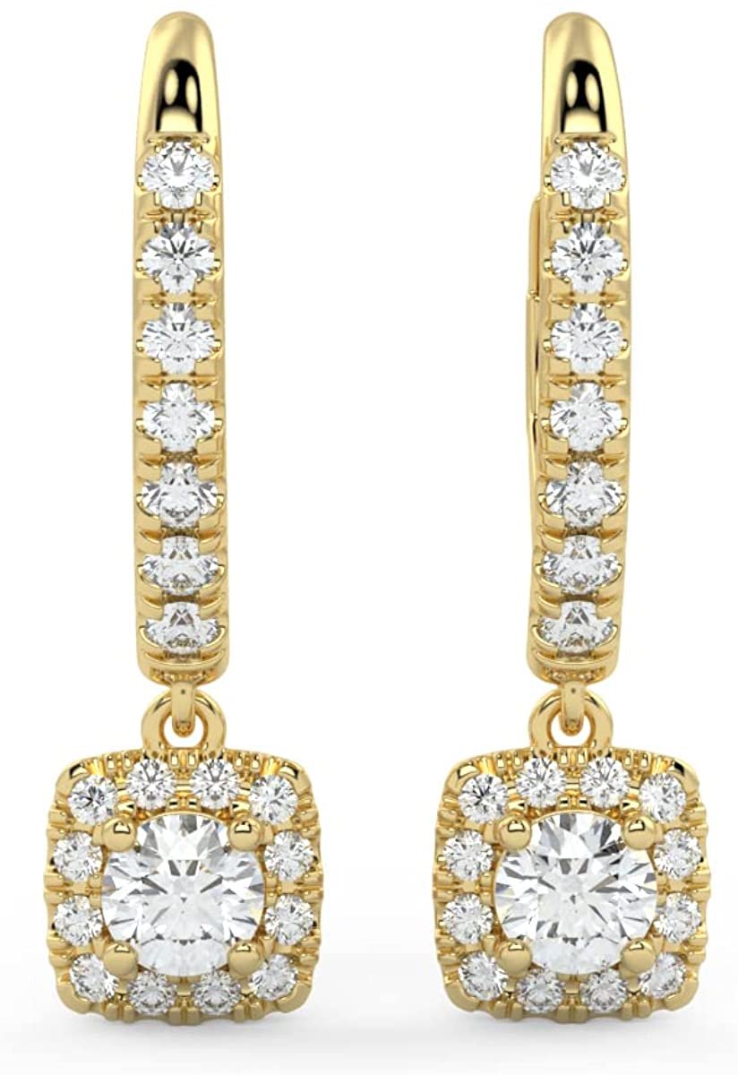 14K Gold 1.0 Cttw Brilliant Cut Lab Grown Diamond Cushion Shape Halo Lever Back Drop Earrings (Center Stones G-H Color, VS1-VS2 Clarity) - Choice of Gold Colors