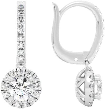 14K Gold 1.0 Cttw Round Brilliant Cut Lab Grown Diamond Halo Lever Back Drop Earrings (Center Stones G-H Color, VS1-VS2 Clarity) - Choice of Gold Colors