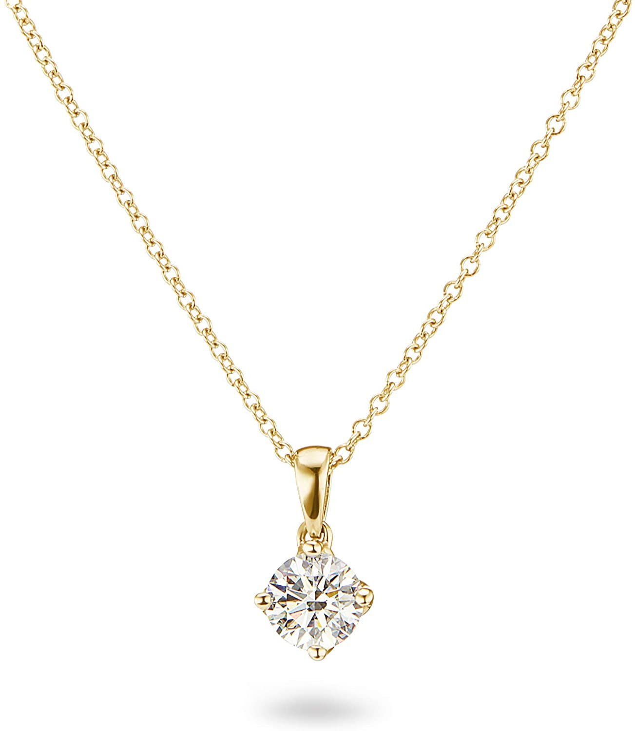 14K Gold 1/5 to 1/3 Carat Lab Grown Round-Cut Diamond Solitaire 4-Prong Pendant 16"-18" Necklace (G-H Color, VS1-VS2 Clarity) - Choice of Gold Color & Carat Weight