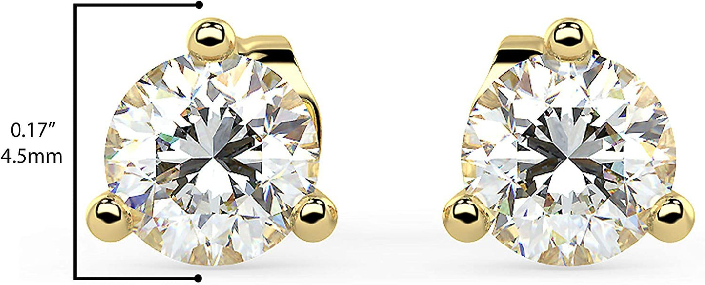 14K Gold 1/2 or 2/3 Cttw Round Brilliant-Cut Lab Grown Diamond 14K Gold Martini-Set 3-Prong Stud Earrings (G-H Color, VS1-VS2 Clarity) - Choice of Gem Weights, Gold Colors