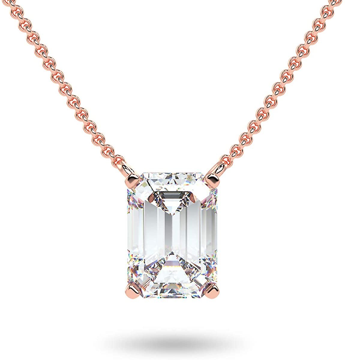 IGI Certified 14K Gold 1/3 to 1-1/2 Carat Rectangular Emerald-Cut Lab Grown Diamond Suspended Solitaire Pendant Necklace (G-H Color, VS1-VS2 Clarity), 18" - Choice of Gold Color, Weights