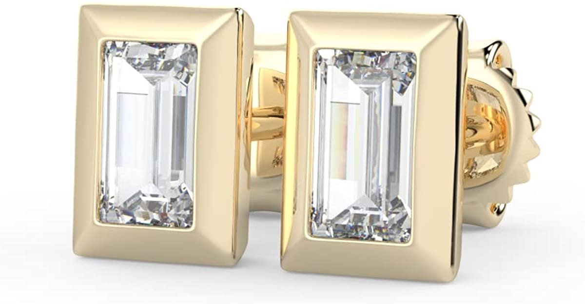 IGI Certified 1/2 Cttw Baguette Emerald Shape Lab Grown Diamond 14K Gold Bezel Set Pushback Stud Earrings (G-H Color, VS1-VS2 Clarity) - Choice of Gold Color