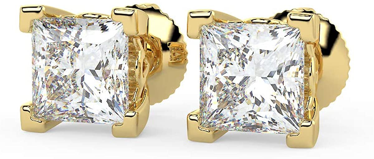 Certified 1/2 Cttw Princess Cut Lab Created Diamond 14K Gold Classic Square Four-Prong Stud Earrings (G-H Color, VS1-VS2 Clarity) - Choice of Gold Colors