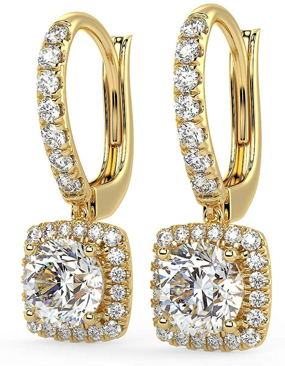 IGI Certified 14K Gold 1-7/8 Cttw Brilliant Cut Lab Created Diamond Cushion Shape Halo Lever Back Drop Earrings (Center Stones G-H Color, VS1-VS2 Clarity) - Choice of Gold Color