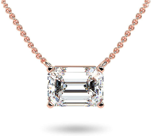 14K Rose Gold 1/3 Carat Rectangular Emerald-Cut Lab Grown Diamond Horizontal Solitaire Pendant Necklace (G-H Color, VS1-VS2 Clarity), 18"