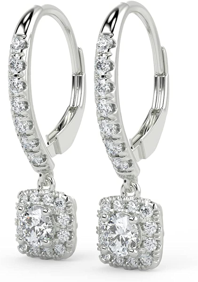 14K Gold 1.0 Cttw Brilliant Cut Lab Grown Diamond Cushion Shape Halo Lever Back Drop Earrings (Center Stones G-H Color, VS1-VS2 Clarity) - Choice of Gold Colors