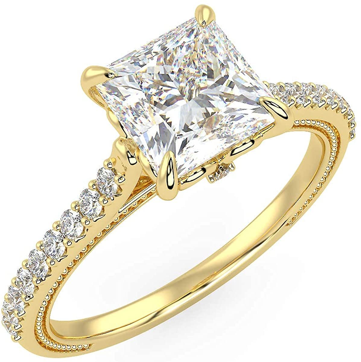 IGI Certified 14K Yellow Gold Princess-Cut Lab Created Diamond Engagement Ring with Pavé Band (1.5 or 2.0 Carat Center Stone: G-H Color, VS1-VS2 Clarity)