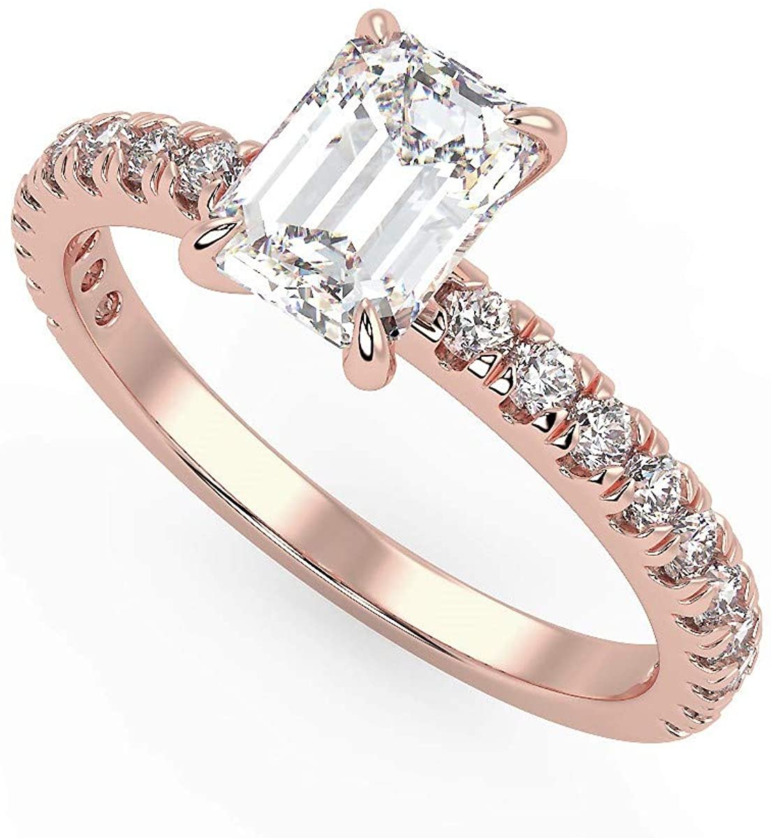 IGI Certified 14K Rose Gold 1-1/4 to 2-1/3 Cttw Emerald-Cut Lab Created Diamond Engagement Ring with Pavé Band (Center Stone: G-H Color, VS1-VS2 Clarity)