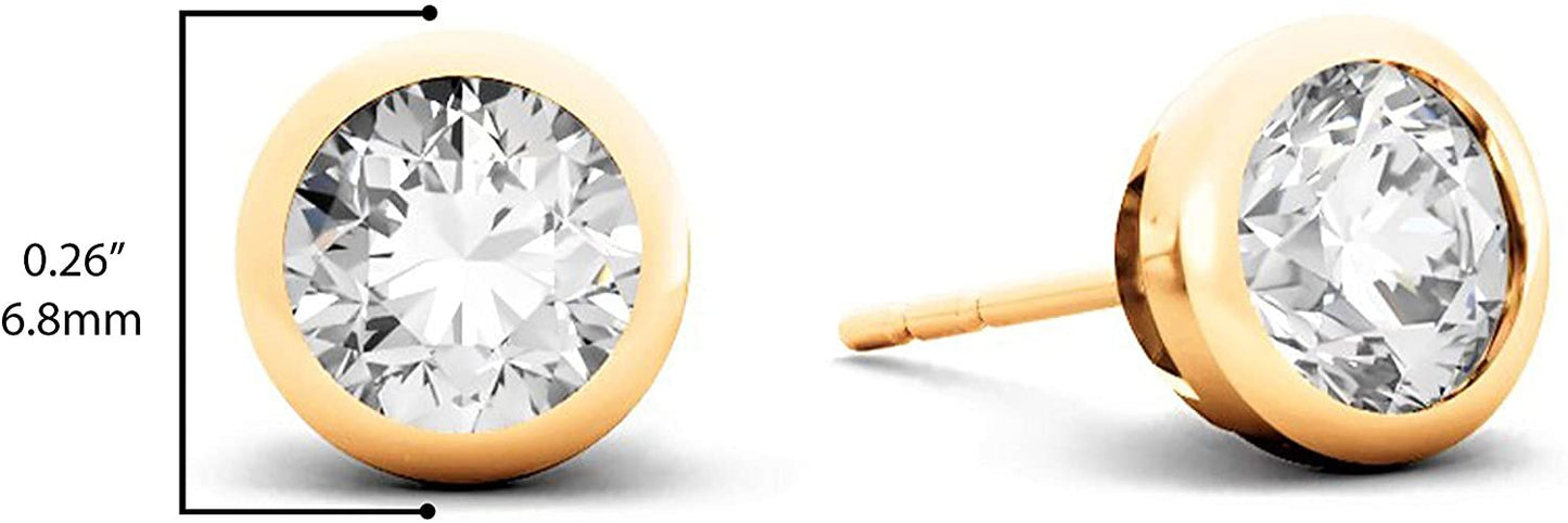 Certified 14K Gold 2.0 Cttw Round Brilliant-Cut Lab Grown Diamond Modern Bezel-Set Stud Earrings (I-J Color, SI1-SI2 Clarity) - Choice of Gold Colors
