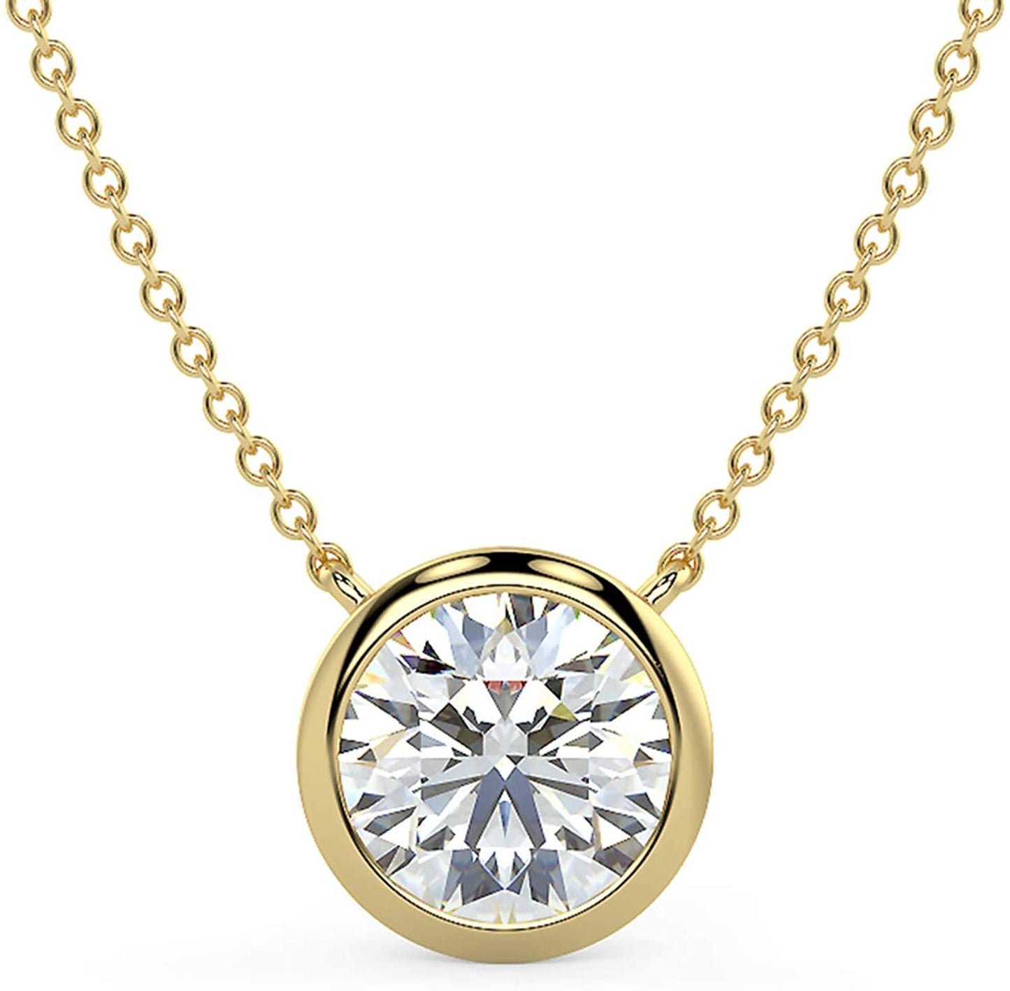 IGI Certified 14K Gold 1.0 or 1-1/2 Carat Round Brilliant-Cut Lab Created Diamond Bezel-Set Solitaire Pendant Necklace (J-K Color, SI2-I1 Clarity), 18" - Choice of Gold Color
