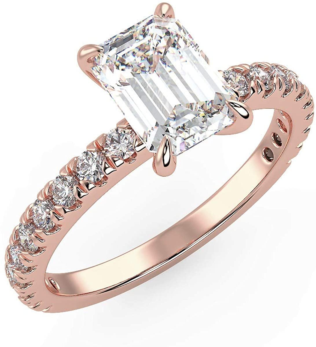 IGI Certified 14K Rose Gold 1-1/4 to 2-1/3 Cttw Emerald-Cut Lab Created Diamond Engagement Ring with Pavé Band (Center Stone: G-H Color, VS1-VS2 Clarity)
