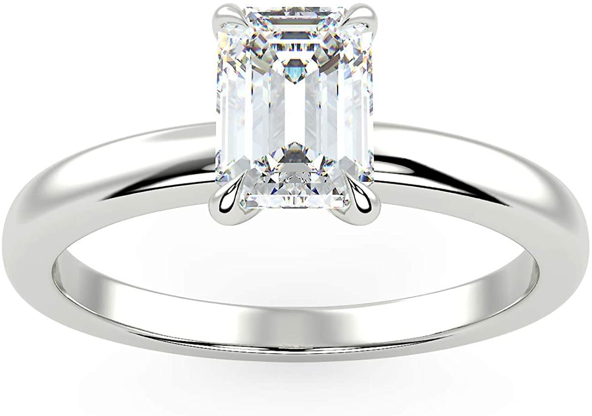 IGI Certified 14K White Gold 9/10 to 2.0 Carat Emerald-Cut Lab Created Diamond Classic Solitaire Engagement Ring (G-H Color, VS1-VS2 Clarity)