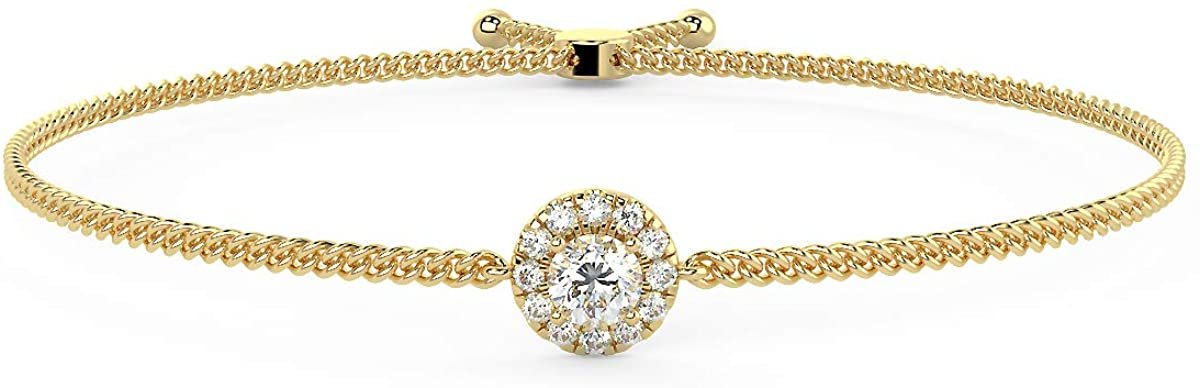 14K White, Yellow or Rose Gold 1/2 Cttw Round Brilliant-Cut Lab Grown Diamond Halo Style Bolo Bracelet, Adjustable 5"-8" (G-H Color, VS1-VS2 Clarity)