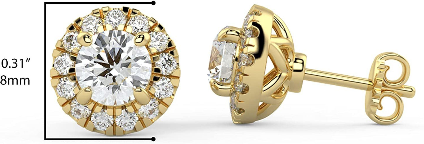 14K Gold 1.0 or 1-3/8 Cttw Round Brilliant Cut Lab Grown Diamond Halo Stud Earrings (Center Stone G-H Color, VS1-VS2 Clarity) - Choice of Gem Weights, Gold Colors