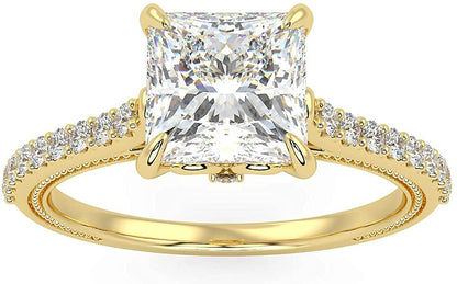 IGI Certified 14K Yellow Gold Princess-Cut Lab Created Diamond Engagement Ring with Pavé Band (1.5 or 2.0 Carat Center Stone: G-H Color, VS1-VS2 Clarity)