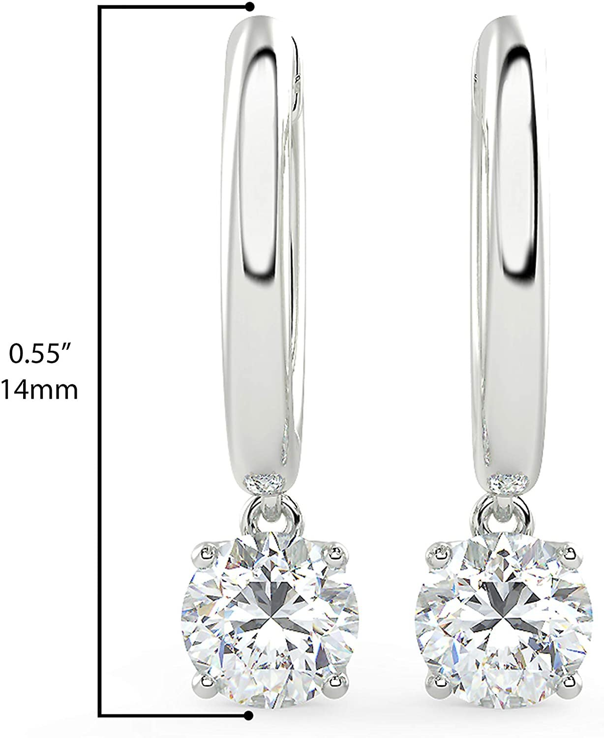 14K Gold Huggie Hoop Earrings with 1/2 to 2/3 Cttw Round Brilliant-Cut Lab Created Diamond Four Prong Set Drops (G-H Color, VS1-VS2 Clarity) - Choice of 14K Gold Color