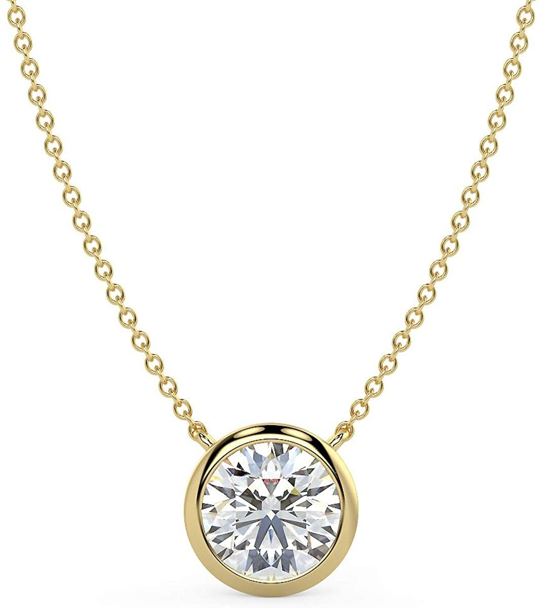 IGI Certified 14K Gold 1.0 or 1-1/2 Carat Round Brilliant-Cut Lab Created Diamond Bezel-Set Solitaire Pendant Necklace (J-K Color, SI2-I1 Clarity), 18" - Choice of Gold Color