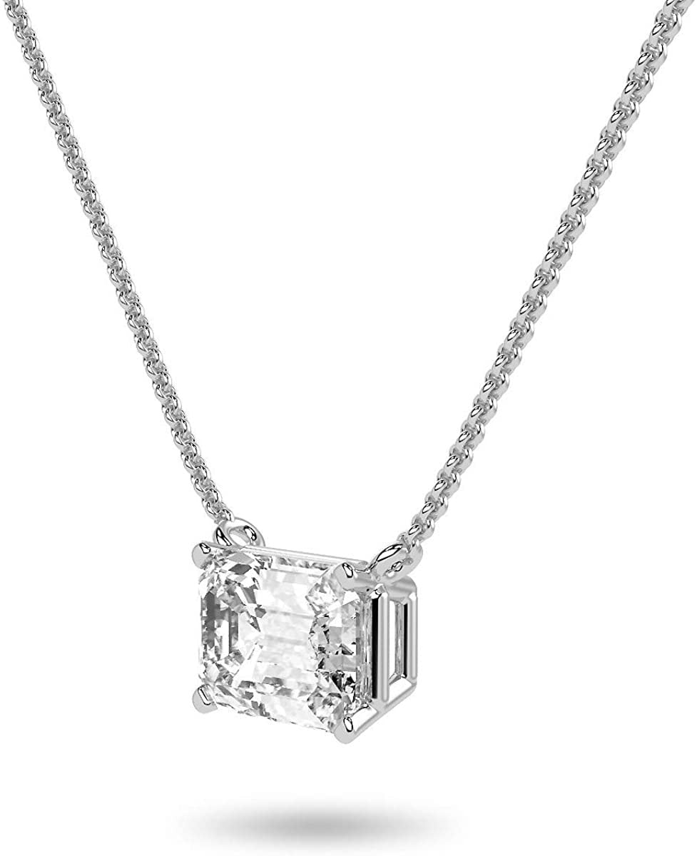 IGI Certified 14K Gold 1/3 to 1-1/2 Carat Rectangular Emerald-Cut Lab Grown Diamond Horizontal Solitaire Pendant Necklace (G-H Color, VS1-VS2 Clarity), 18" - Choice of Gold Color