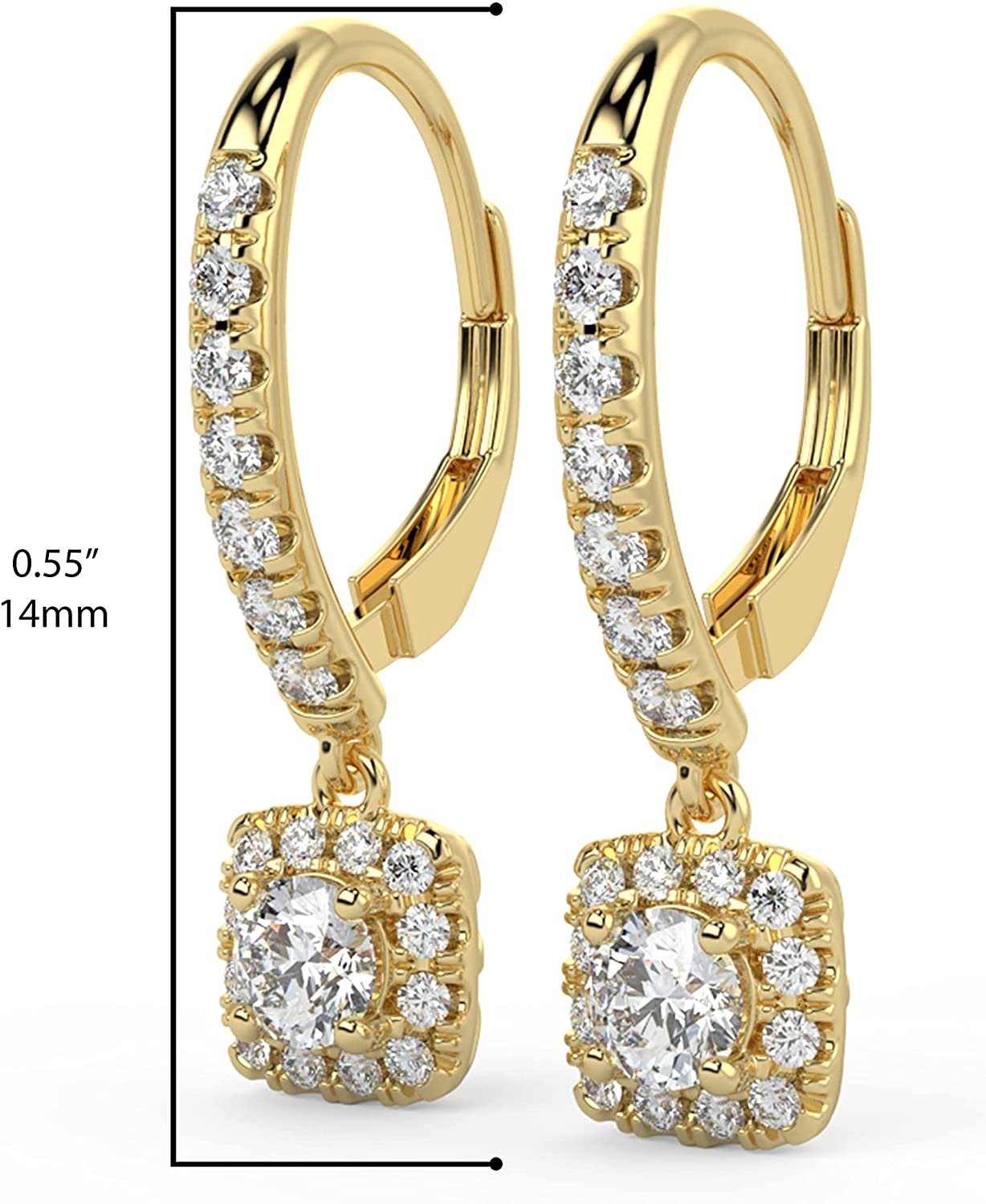 14K Gold 1.0 Cttw Brilliant Cut Lab Grown Diamond Cushion Shape Halo Lever Back Drop Earrings (Center Stones G-H Color, VS1-VS2 Clarity) - Choice of Gold Colors