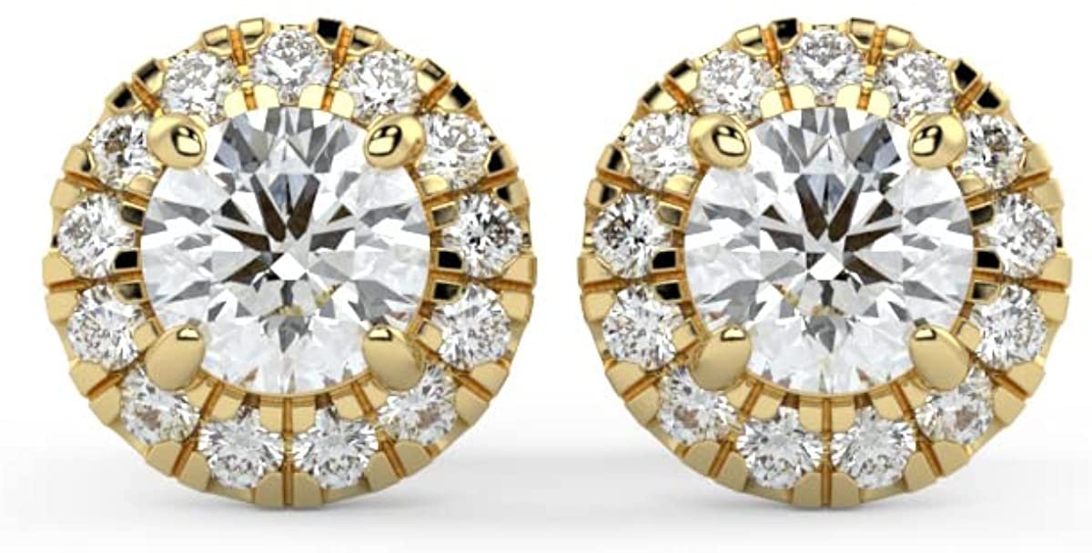 14K Gold 1.0 or 1-3/8 Cttw Round Brilliant Cut Lab Grown Diamond Halo Stud Earrings (Center Stone G-H Color, VS1-VS2 Clarity) - Choice of Gem Weights, Gold Colors