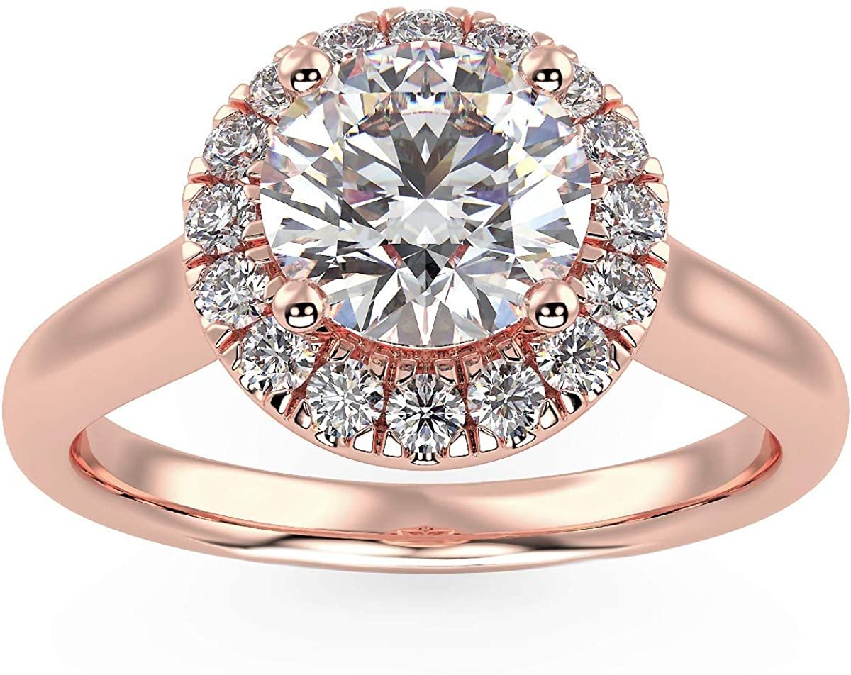 IGI Certified 14K Rose Gold 1.0 Cttw Brilliant-Cut Lab Created Diamond Round Halo Engagement Ring (Center Stone: G-H Color, VS1-VS2 Clarity) - Size 6