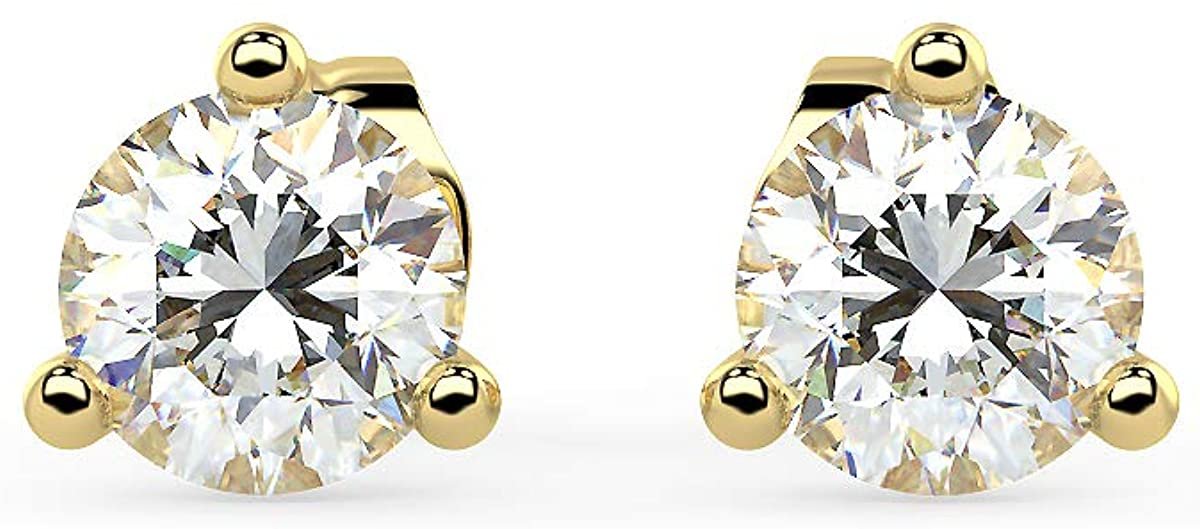 14K Gold 1/2 or 2/3 Cttw Round Brilliant-Cut Lab Grown Diamond 14K Gold Martini-Set 3-Prong Stud Earrings (G-H Color, VS1-VS2 Clarity) - Choice of Gem Weights, Gold Colors