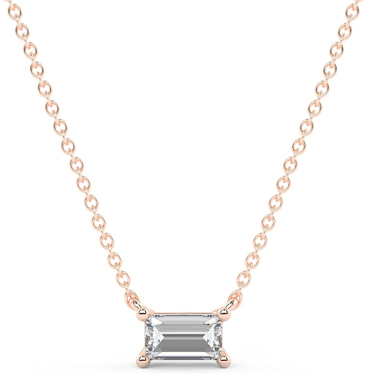 IGI Certified 1/4 Ct Emerald Cut Lab Grown Diamond 14K Gold East-West Solitaire Necklace (G-H Color, VS1-VS2 Clarity) - 18” - Choice of Metal Color