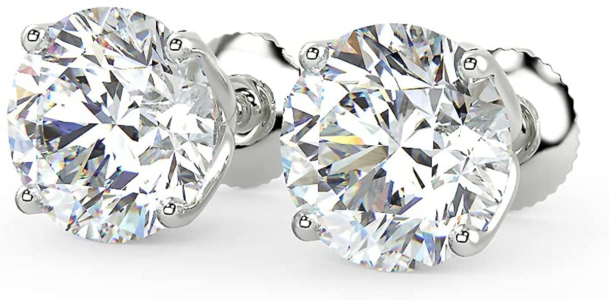 Certified 14K Gold 1.0 to 4.0 Cttw Near Colorless Round Brilliant-Cut Lab Grown Diamond Classic Four-Prong Stud Earrings (I-J Color, SI1-SI2 Clarity) - Choice of Gem Weights, Gold Colors