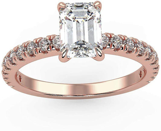 IGI Certified 14K Rose Gold 1-1/4 to 2-1/3 Cttw Emerald-Cut Lab Created Diamond Engagement Ring with Pavé Band (Center Stone: G-H Color, VS1-VS2 Clarity)