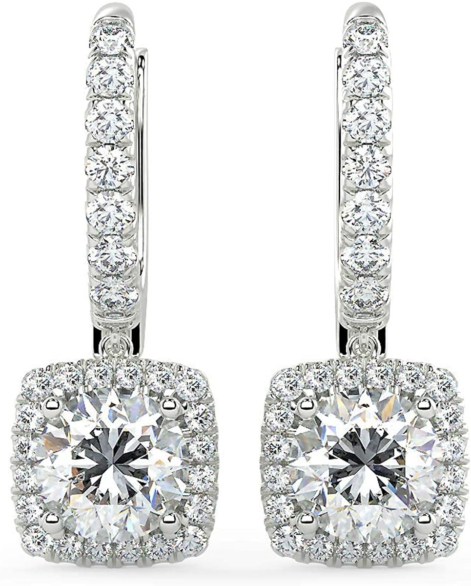 IGI Certified 14K Gold 1-7/8 Cttw Brilliant Cut Lab Created Diamond Cushion Shape Halo Lever Back Drop Earrings (Center Stones G-H Color, VS1-VS2 Clarity) - Choice of Gold Color