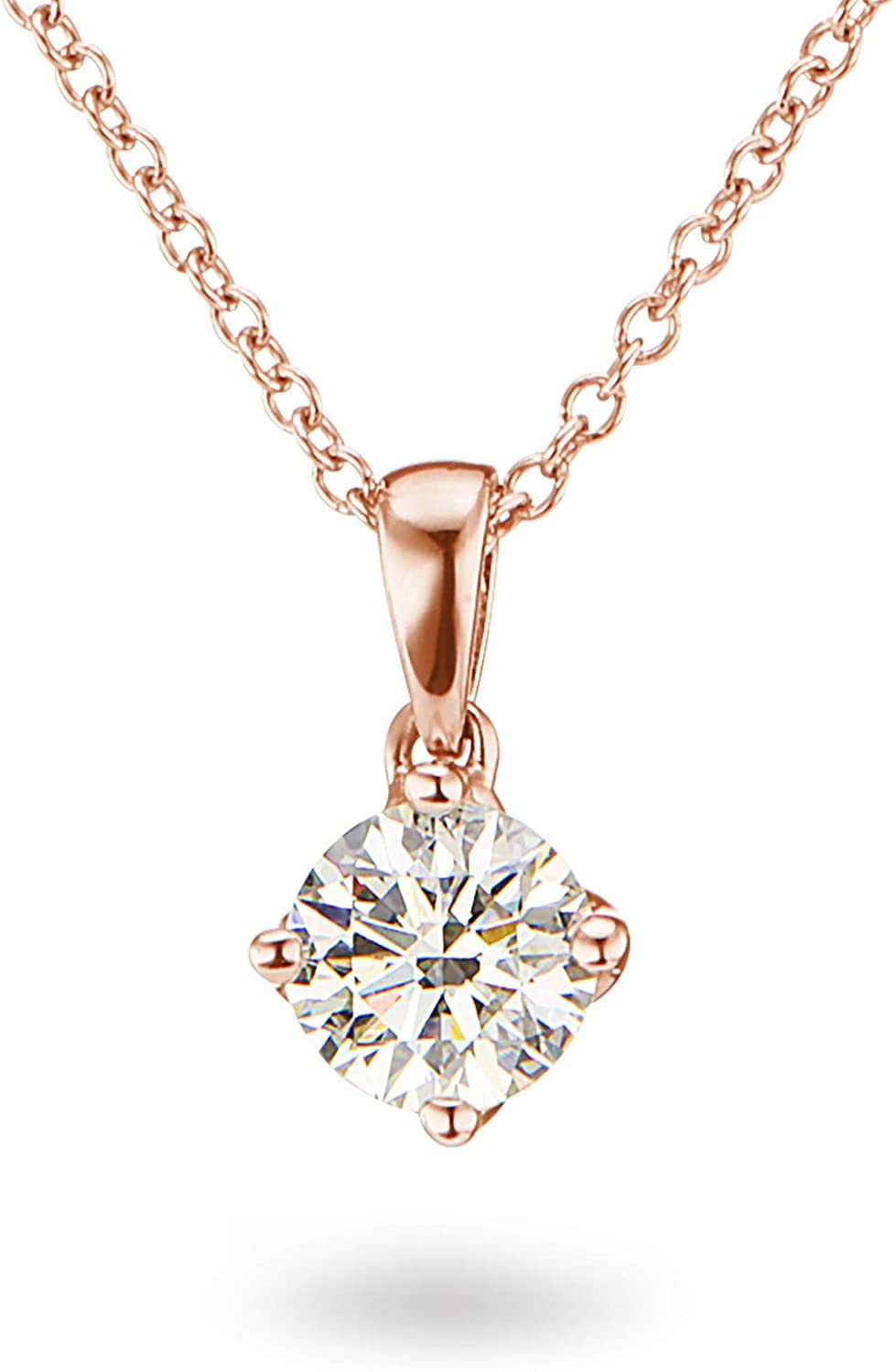 IGI Certified 14K Gold 1/4 to 2.0 Carat Round Brilliant Cut Lab Created Diamond Solitaire Pendant Necklace (G-J Color, VS1-SI2 Clarity), 18" - Choice of Carat & Gold Color