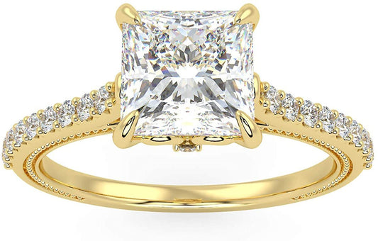 IGI Certified 14K Yellow Gold Princess-Cut Lab Created Diamond Engagement Ring with Pavé Band (1.5 or 2.0 Carat Center Stone: G-H Color, VS1-VS2 Clarity)