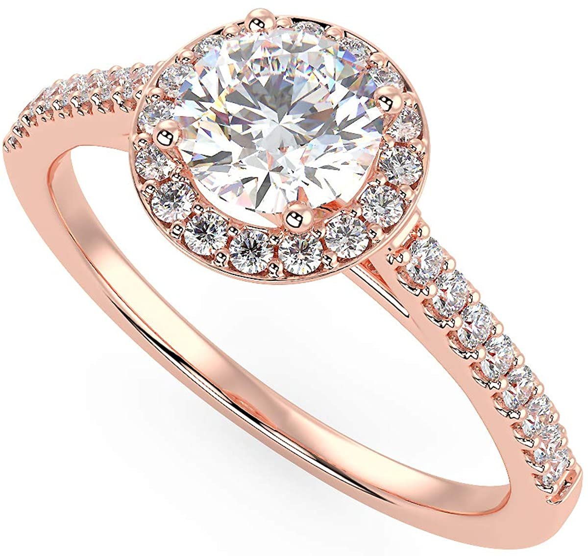 IGI Certified 14K Rose Gold 3/4 Cttw Round Brilliant-Cut Lab Created Diamond Halo Engagement Ring with Micro Pavé Band (Center Stone: G-H Color, VS1-VS2 Clarity) - Size 6-3/4