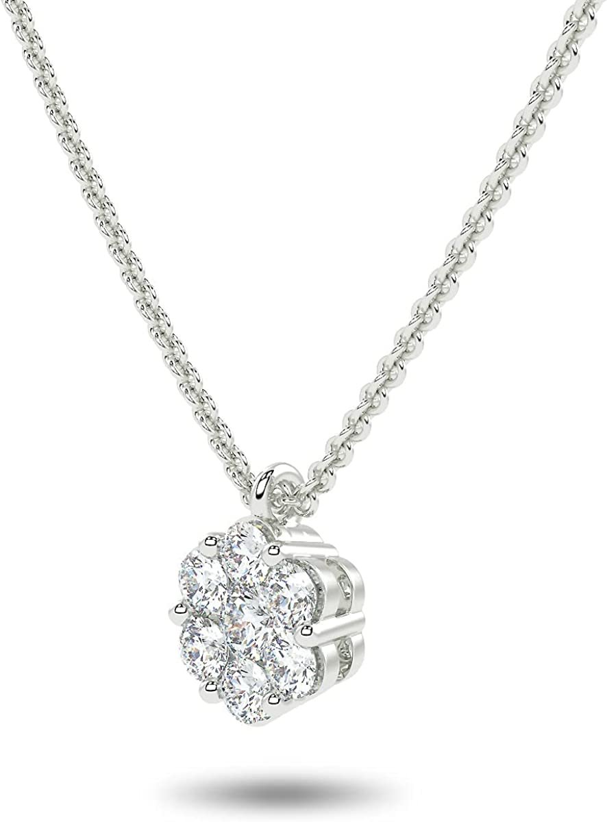 .925 Sterling Silver 1/5 Cttw Lab Grown Diamond Classic 7-Stone Floral Cluster Pendant Necklace (G-H Color, SI1-SI2 Clarity), 18"
