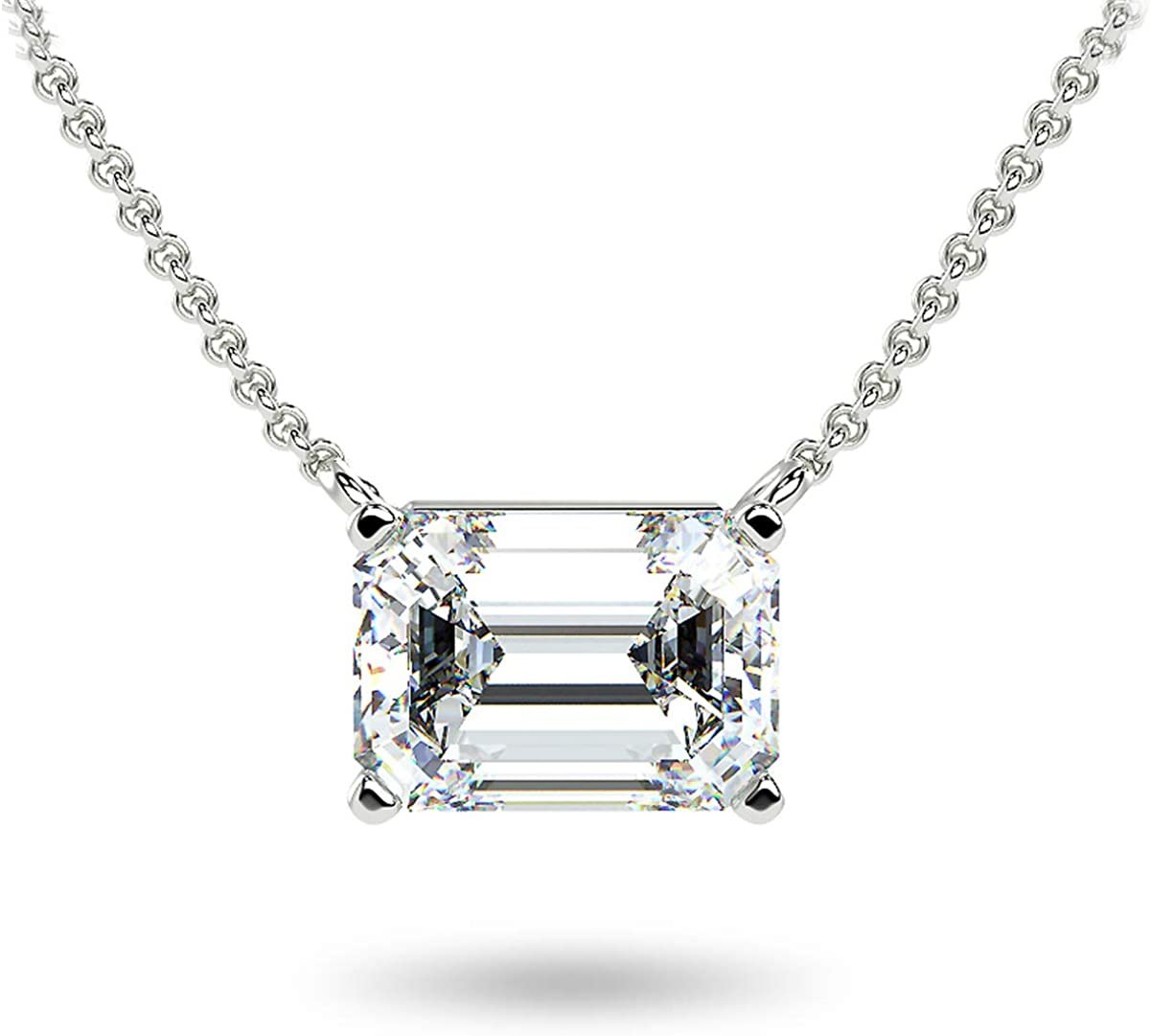 IGI Certified 14K Gold 1/3 to 1-1/2 Carat Rectangular Emerald-Cut Lab Grown  Diamond Horizontal Solitaire Pendant Necklace (G-H Color, VS1-VS2