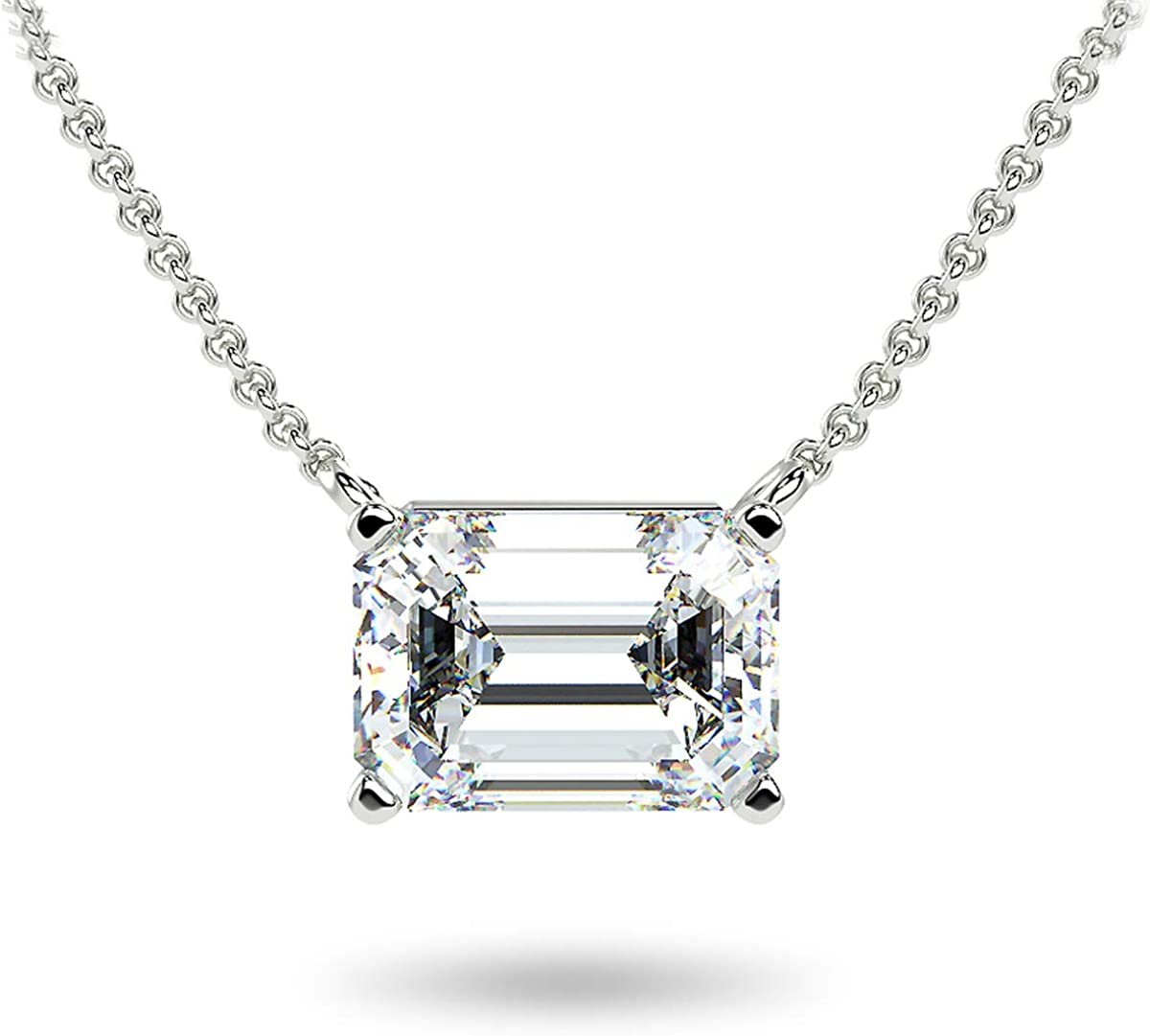 IGI Certified 14K Gold 1/3 to 1-1/2 Carat Rectangular Emerald-Cut Lab Grown Diamond Horizontal Solitaire Pendant Necklace (G-H Color, VS1-VS2 Clarity), 18" - Choice of Gold Color