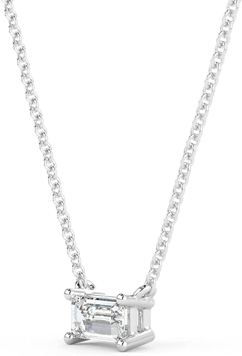 IGI Certified 1/4 Ct Emerald Cut Lab Grown Diamond 14K Gold East-West Solitaire Necklace (G-H Color, VS1-VS2 Clarity) - 18” - Choice of Metal Color