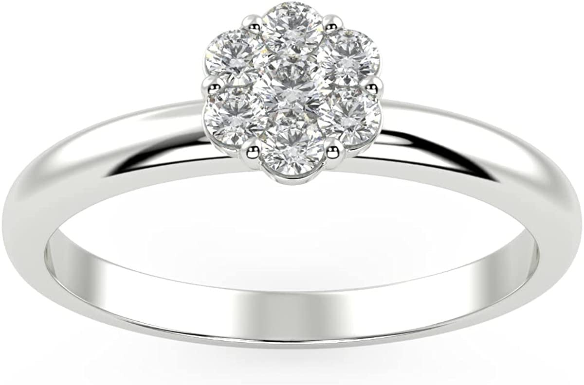 .925 Sterling Silver 1/5 Cttw Round Brilliant Lab Grown Diamond Classic Floral Cluster Engagement Ring (G-H Color, SI1-SI2 Clarity)