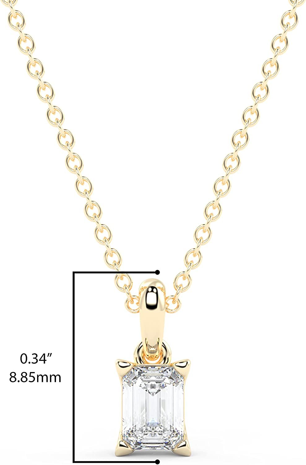 IGI Certified 1/4 Ct Emerald Cut Lab Grown Diamond 14K Gold Solitaire Pendant Necklace (G-H Color, VS1-VS2 Clarity) - 18” - Choice of Metal Color