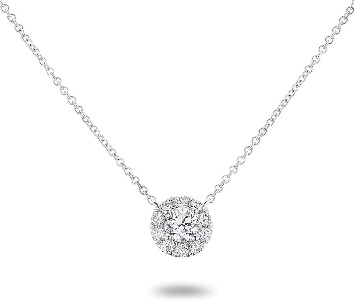 14K White Gold 3/8+ Cttw Lab Grown Round-Cut Diamond Halo Pendant 16"-18" Necklace (G-H Color, VS1-SI2 Clarity)
